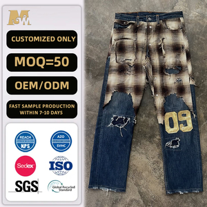 Jean baggy en coton à <span class=keywords><strong>carreaux</strong></span> pour <span class=keywords><strong>homme</strong></span>, patchwork, effet vieilli, denim reworké, avec applique numéro personnalisé, style streetwear - Product Image 1