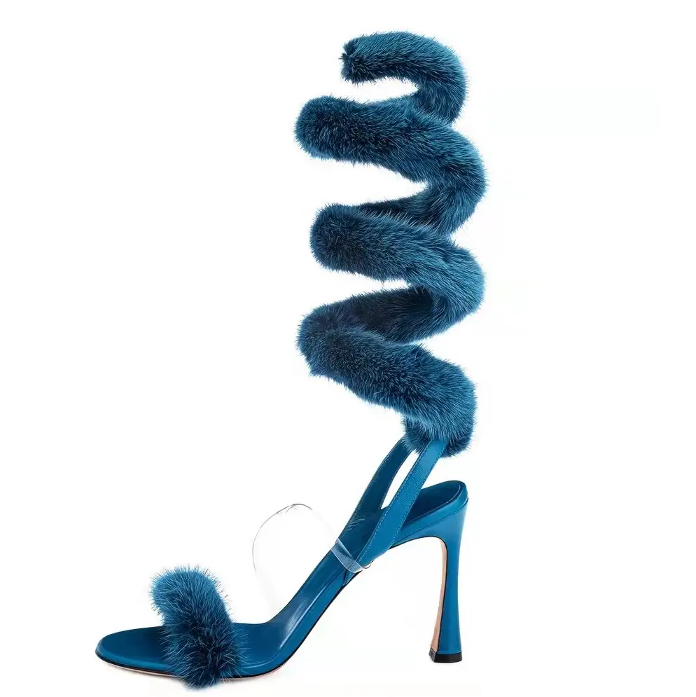 Designer Blue Mink Fur Women's Shoes Summer Square Toe Open Toe Cross-strap Luxury Women's Sandals Sexy Heeled Sandals