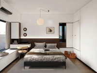 Ensemble de chambre à coucher moderne comprenant un lit élégant, un placard spacieux et un bureau polyvalent pour des espaces de vie élégants