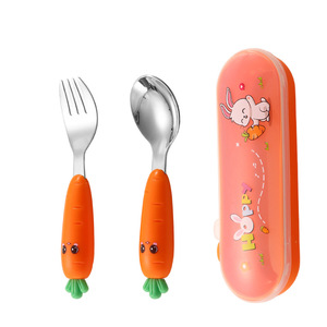 Juego de tenedor y cuchara para niños de acero inoxidable 304, tenedor y cuchara bonitos, cuchara para puré de zanahoria, vajilla para alimentos complementarios para bebés - Product Image 5