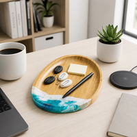 Planche à découper en bambou en forme de cœur, écologique et durable, motif vague océanique imprimé, pour la vente en gros, également utilisable comme plateau à bijoux et organisateur de bureau pour la maison