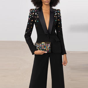 A7450 Migugarment Drop Shipping blazer di strass di colore nero e <span class=keywords><strong>pantaloni</strong></span> lunghi due pezzi Set formale ufficio da <span class=keywords><strong>donna</strong></span> abiti da <span class=keywords><strong>donna</strong></span> - Product Image 1