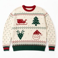 Fabricant fiable de tricots : Pull de Noël moche en jacquard motif traîneau et rennes, couleur crème, idéal pour les fêtes à thème.