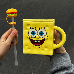 Mug en céramique Spongebob Squarepants Oball créatif et mignon, tasse à café jaune avec couvercle carré et paille burger, 400 ml, cadeau pour la maison et le bureau - Product Image 5