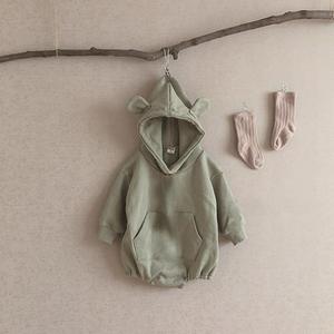 Hoodie bayi baru lahir musim gugur, Hoodie bayi perempuan dan laki-laki, warna Solid netral, baju monyet katun rajut lembut 2 potong - Product Image 6