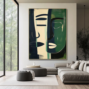 <span class=keywords><strong>Peinture</strong></span> murale abstraite figurative sur toile peinte à la main, visages superposés, portrait moderne vert pour agence créative - Product Image 6