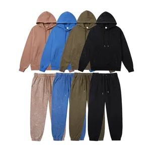 Man 2 Delige Set Hoodie En Broek Zuur Wassen Sweatsuit Mannen 100% Katoen Dunne Fleece Zwaargewicht Sport Set