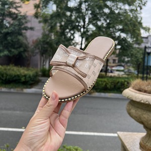 Summer Women Flat Slide Slippers Mesh Letter Print <b>Bow</b> Decor Metal Edge Trim Daily Outdoor Casual Walking Footwear - Product Image 3