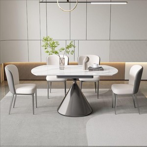 <b>White</b> Slab Dining <b>Table</b> And Chair Set 6 Piece Extendable Modern Minimalist Design For <b>Small</b> Apartments Kitchen Living Room - Product Image 2