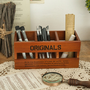 Wooden Retro Pen Holder Storage <b>Box</b> Rectangle Desktop Organizer For Stationery <b>Makeup</b> Brushes No Lid Originals Pattern - Product Image 5
