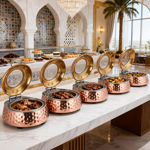 XINGPAI autres fournitures d'hôtel et de restaurant en acier inoxydable 201 <span class=keywords><strong>buffet</strong></span> doré chauffe-plats ronds à vendre - Product Image 1