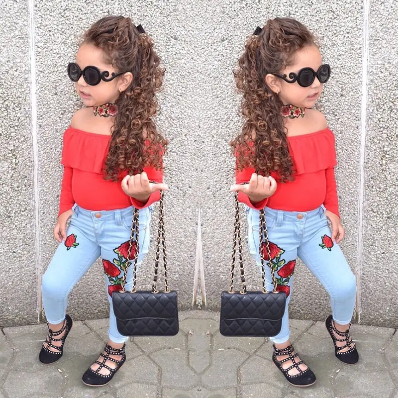 Kids Clothing Outfit Little Girls Summer Boutique Fashionable Clothes Red Off The Shoulder Tops Jeans Set