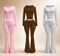 Ensemble de survêtement 2 pièces pour femme, personnalisé avec logo du fabricant, pour le yoga et le sport, hiver, couleur unie, comprenant une veste à capuche, un legging et un pantalon évasé, et une bandeau.