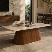 Table à manger rectangulaire moderne en bois massif avec piétement en bois grainé et plateau en travertin marbré, 4 places, mobilier de salle à manger, garantie 3 ans