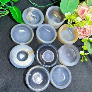 Wholesale Crystal crafts palm stone Polishing natural stone Product gray agate bowl For gift for feng shui