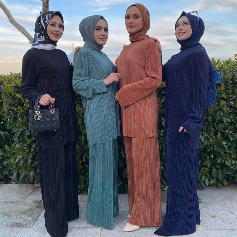 Vente en gros de vêtements islamiques hauts plissés pantalons col rond Dubaï Abaya Hijab costumes coton 2 pièces ensemble femmes musulmanes Blouse