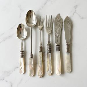 <b>Vintage</b> Silver Plated Flatware <b>Set</b> With Mother Of Pearl Handles 6 Pc <b>Cutlery</b> Spoons Forks Knives Elegant Design Tableware Use - Product Image 1
