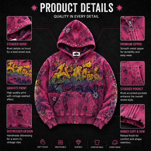 <strong>Mens</strong> Heavyweight Cotton Zip up Hoodie Vintage Distressed Graffiti Print Rhinestone Studs Streetwear Custom Logo Wholesale - Product Image 3