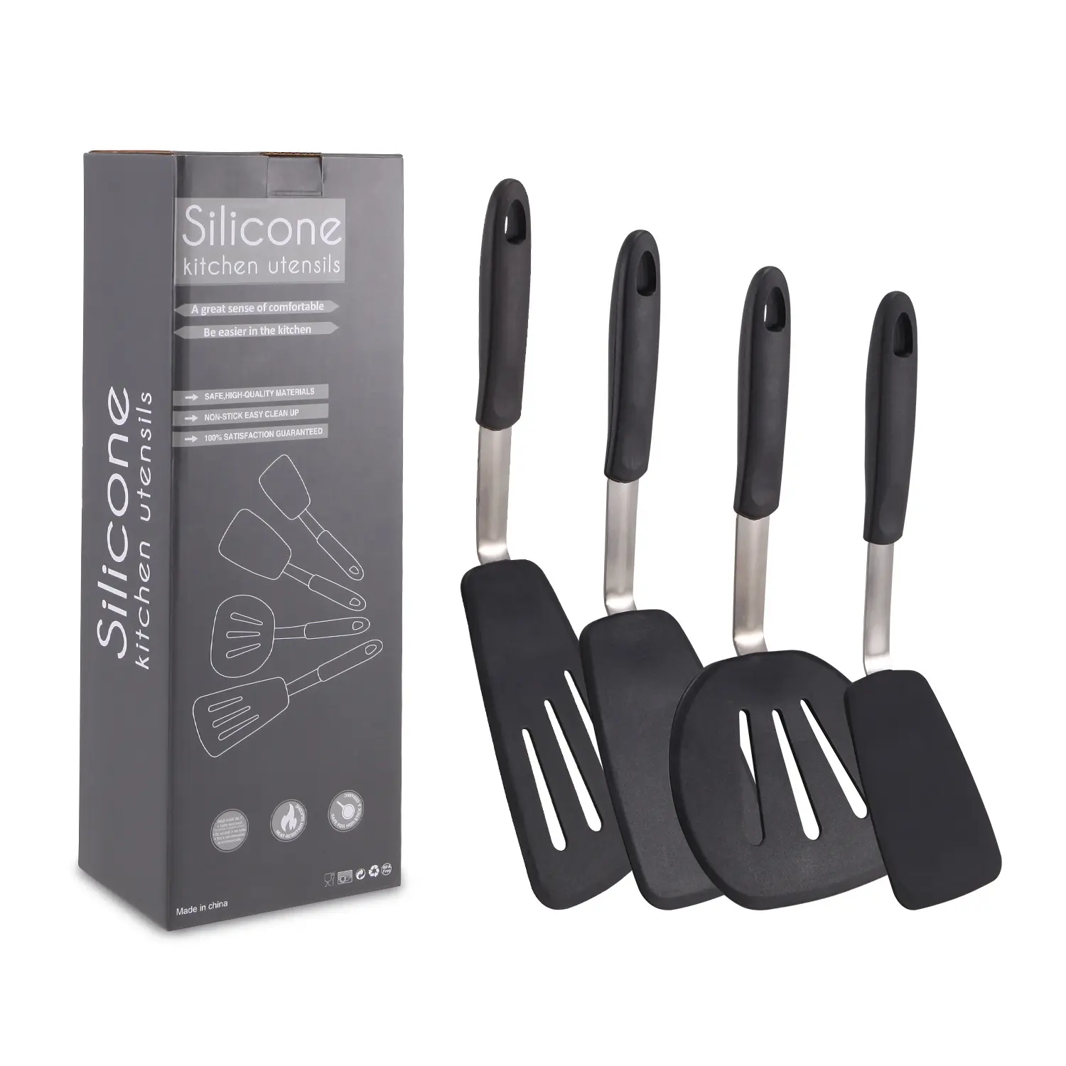 Accessoires de cuisine antiadhésifs Batterie de cuisine Ustensiles de cuisine en silicone en gros Outil de cuisson en silicone foncé