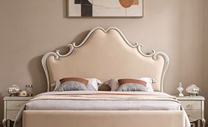 Premium Queen Size <b>Bed</b> With Beige Leather Scalloped Scroll Carved Upholstered Headboard For French Country Bedroom - Product Image 2