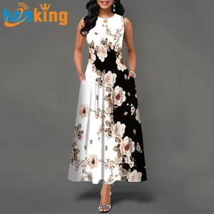 Women Sexy Slim Fit Sleeveless O- Neck Printed Pencil Dress Elegant Bodycon Side Slit Nightclub Party Long Dress Plus Size 5 XL