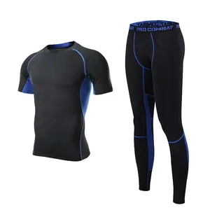 Custom men compression wear suppliers quick dry 2 piece short sleeve running tight shirt and pant gym clothing men