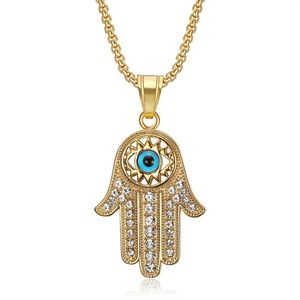 Fatima's <b>Hand</b> Pendant Necklace Stainless Steel Gold Plated Rhinestone Blue Eye Unisex Gift Jewelry - Product Image 5