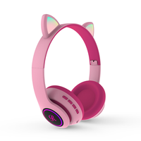 Headset Nirkabel On-Ear Lipat dengan Lampu LED Mikrofon Kompatibel dengan Ponsel Pintar Tablet PC Headphone Telinga Kucing Anak-anak