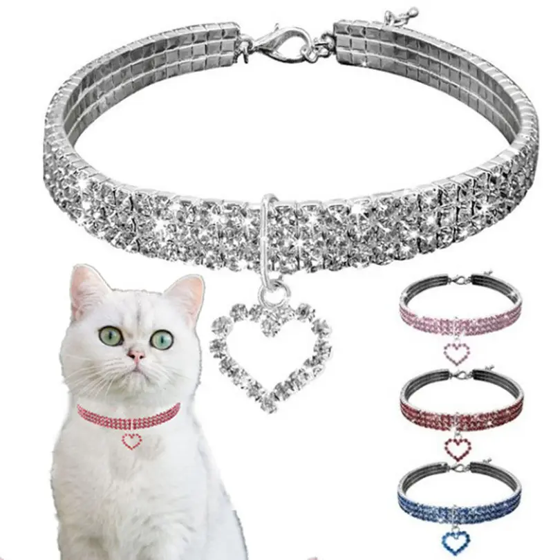 Collar para perro pequeño con diamantes de imitación para mascota, adorno de corazón, Pomeranian, para perros y gatos