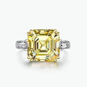 高碳钻石订婚结婚戒指女黄粉色蓝色12 * 12毫米锆石纯925银高纯度14克拉戒指