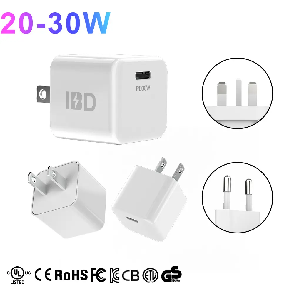 IBD Custom Logo Factory Wholesale Fast Mini phone Pd3.0 Pd 30w 20w Single Port Usb Type C Usb-c Wall Charger For Samsung iPhone