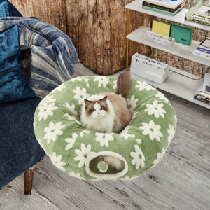 Rundes Grünes Blumendesign Haustier-Nest Luxuriöses Faltbares Zusammenklappbares Katzentunnel-Bett Spielzeug für Pelzige Freunde - Product Image 2