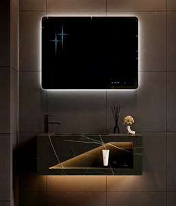 ชุดโต๊ะเครื่องแป้งในห้องน้ำแผ่นพื้นหินแบบบูรณาการสีดำฟ้าผ่าดีไซน์กระจก LED อ่างล้างมือในห้องน้ำสุดหรู - Product Image 2