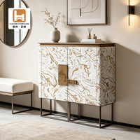 Mueble Consola de Mármol con 2 Puertas, Aparador con Tiradores de Bronce, Base Metálica, Estilo Moderno y Lujoso para Sala de Estar o Pasillo