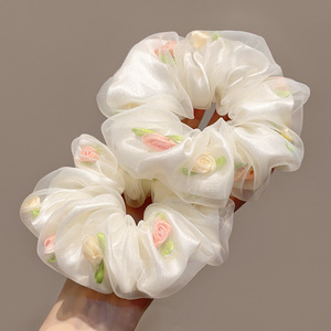 Elastico per capelli in chiffon con fiore grande in rete, accessorio per <span class=keywords><strong>acconciature</strong></span> primaverili ed estive, elastico per chignon fresco per ragazze - Product Image 2