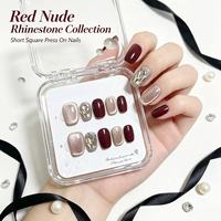 Faux ongles à presser en acrylique faits main, couleur rouge bordeaux, avec colle, pour usage quotidien automne-hiver