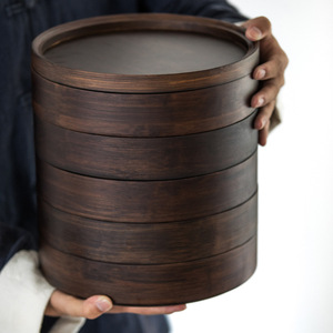 Caja Redonda Apilable de Bambú Carbonizado Da'an Hall para Guardar Pastel de Té Pu'er - Product Image 1