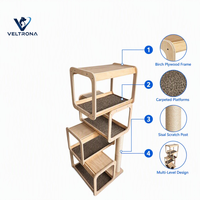 Arbre à chat multi-niveaux en bois, structure en contreplaqué de bouleau, plateformes moquettées, poteau à gratter en sisal, mobilier d'intérieur, vente en gros
