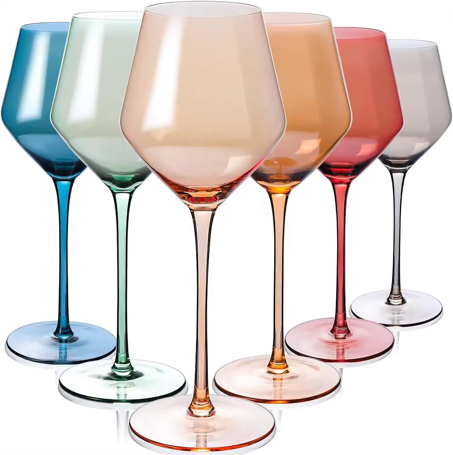 YunHifan16oz Set gelas anggur berwarna, 6 tangkai kaca Multi Warna bagus untuk semua jenis dan kesempatan anggur