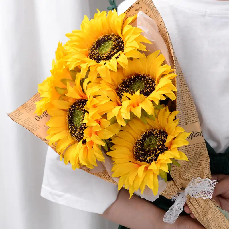 Flor de sol artificial decorativa de seda de qualidade para festa de aniversário de casamento, decoração única em massa amarela