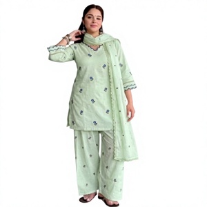 Conjunto de Fiesta de Satén Sólido con Top Mul Chandheri, Pantalón Palazzo Farshi y Dupatta con Bordado - Reversible, Elástico, Largo hasta la Rodilla - Product Image 1