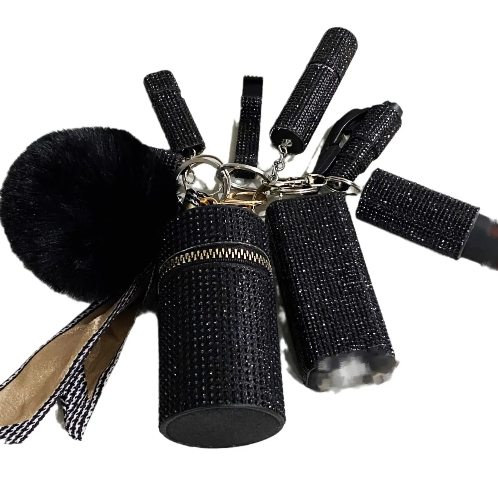 Fashion PU leather lipstick bag keychainself defense keychain set women /set diamond whistle key chain