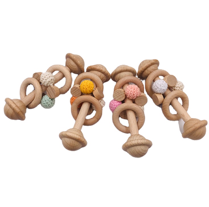 wholesale custom Beech rattle baby Wood Ring Teether Wooden Baby Rattle Teething Toys baby molar teether