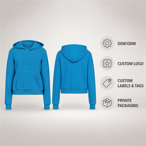 Sweat-shirt unisexe bleu à capuche, coupe droite, longueur courte, poche kangourou, capuche sans cordon, décontracté, couleur unie, en molleton tricoté - Product Image 3