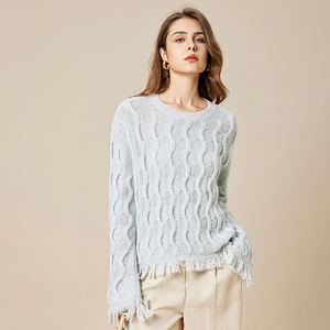 Maglione da Donna in Mohair a Collo Tondo con Motivo a Trecce, Orlo con <span class=keywords><strong>Frange</strong></span>, Pullover in Lana Lavorato a <span class=keywords><strong>Maglia</strong></span> - Product Image 2