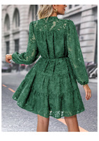 Robe de soirée de Noël vintage élégante en dentelle à manches longues, coupe trapèze, longueur midi pour femme, idéale pour les célébrations printanières/automnales