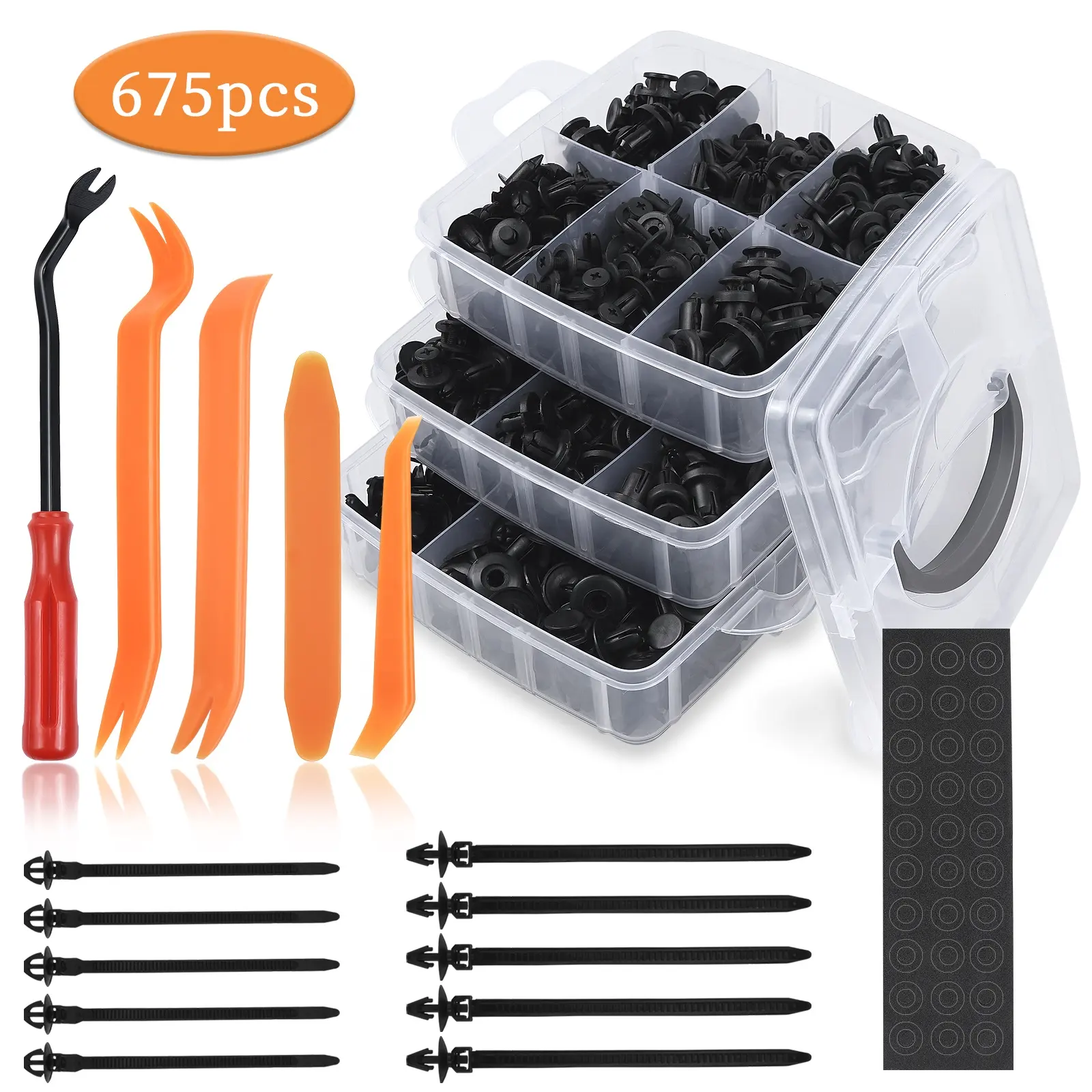 675PCS Car Retainer Clips Kit Nylon Bumper Fender Rivets with Foam Cable Ties and Fasteners Remover