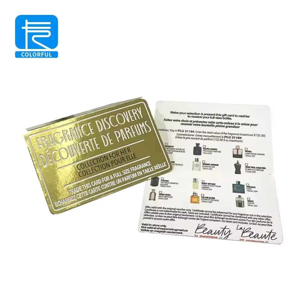 Cartão de visita de introdução de perfume com efeito de metal de alumínio personalizado para impressão em folha de ouro impressão de cartão de agradecimento