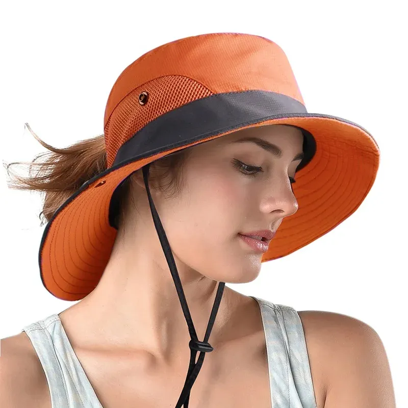 Chapéu de sol rabo de cavalo feminino proteção UV ao ar livre chapéu de praia de pesca de malha dobrável aba larga chapéu de balde de Bob de verão