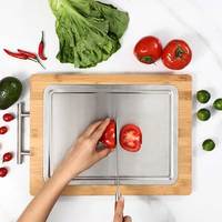 Planche à découper double face en acier inoxydable avec poignée, planche à découper en bambou pour la cuisine à domicile